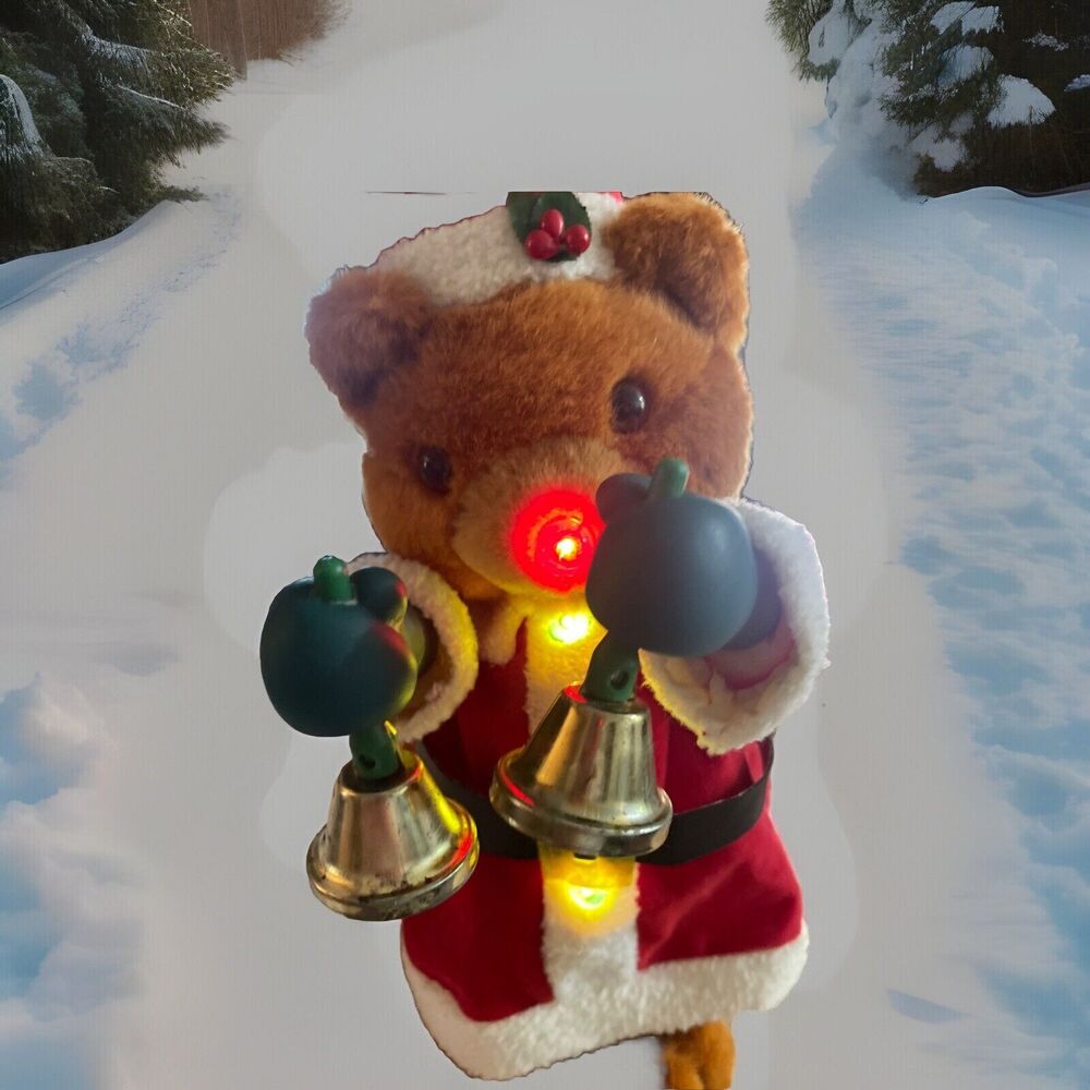 Christmas Santa Bear Singing Jingle Bells & Lights Up Works VTG.